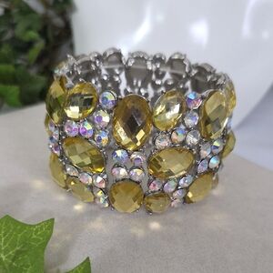 Statement Wide Silver with AB and Yellow Glam Stretch Bracelet